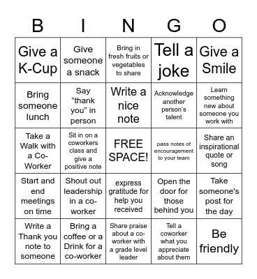 Random Acts of Kindness BINGO Card