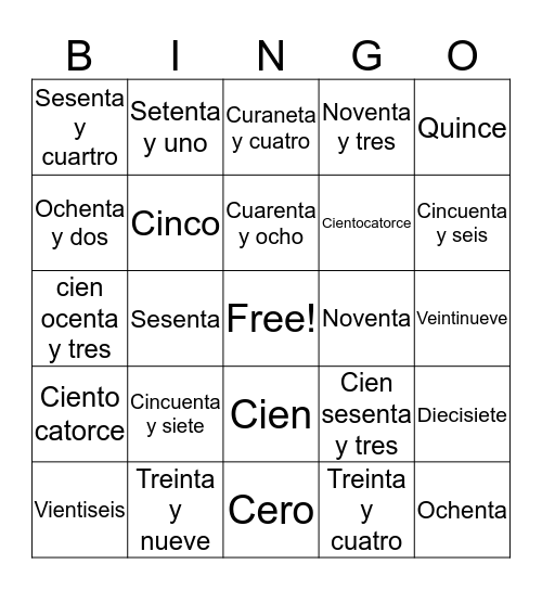 Spanish Numbers Bingo Card