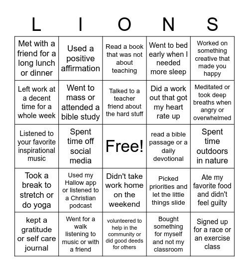 Teacher Self-Care Bingo Card