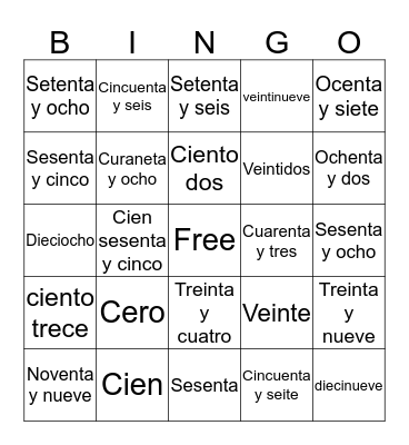 Spanish Numbers Bingo Card