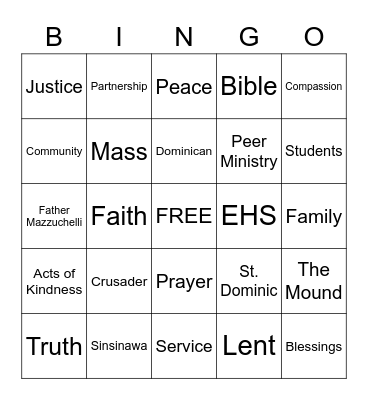 EHS Catholic Schools Week Bingo Card