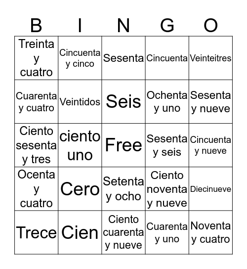 Spanish Numbers Bingo Card