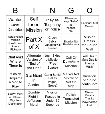 Joshimuz DYOM Bingo Card