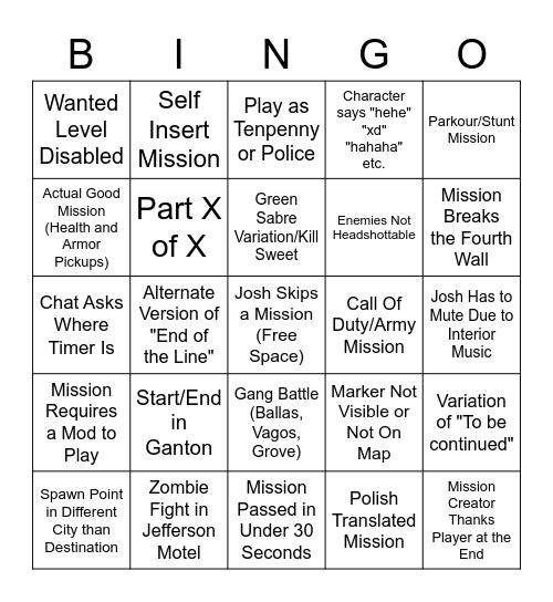 Joshimuz DYOM Bingo Card