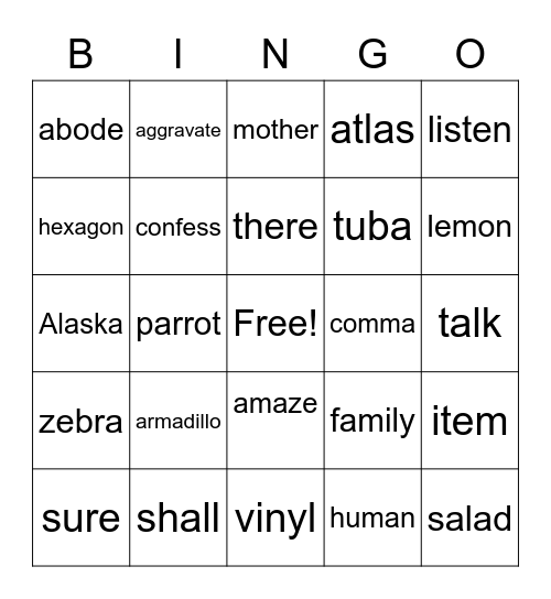 Schwa with red words Bingo Card