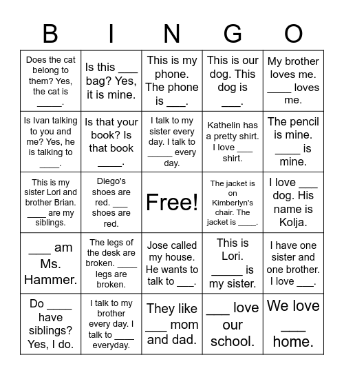 Adjectives and Pronouns Bingo Card