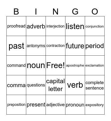 English Bingo Card