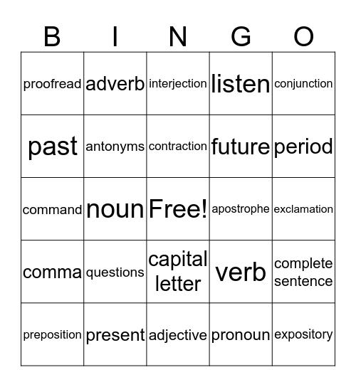 English Bingo Card