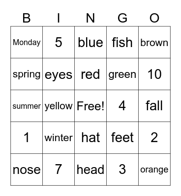 2nd Grade Spanish Bingo Card