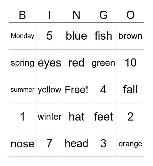 2nd Grade Spanish Bingo Card