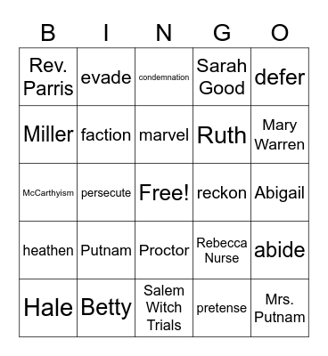 The Crucible - Act I and II Bingo Card