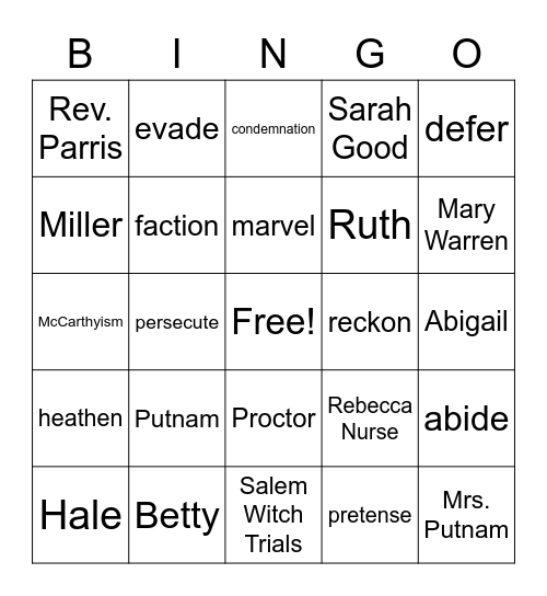 The Crucible - Act I and II Bingo Card