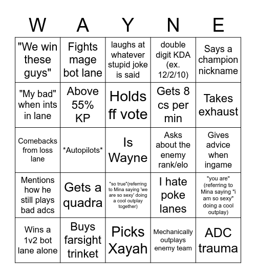 Wayne Bingo Card
