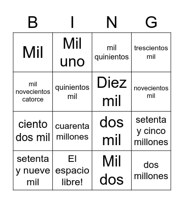 Los Números Bingo Card
