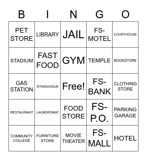 PLACES AROUND TOWN Bingo Card