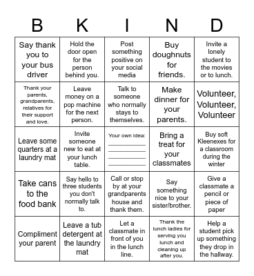 Random Acts of Kindness Challenge Bingo Card