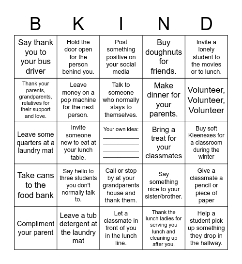 Random Acts of Kindness Challenge Bingo Card