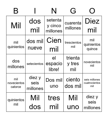 Los Números Bingo Card