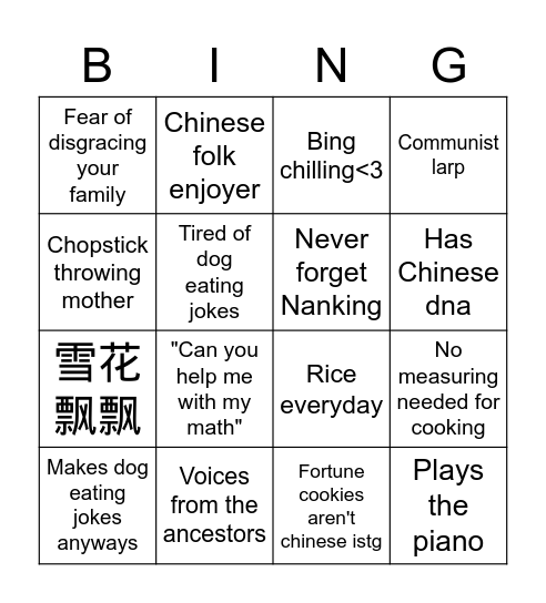 Are you Chinese Bingo Card