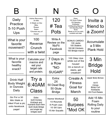 Fitness Bingo Card