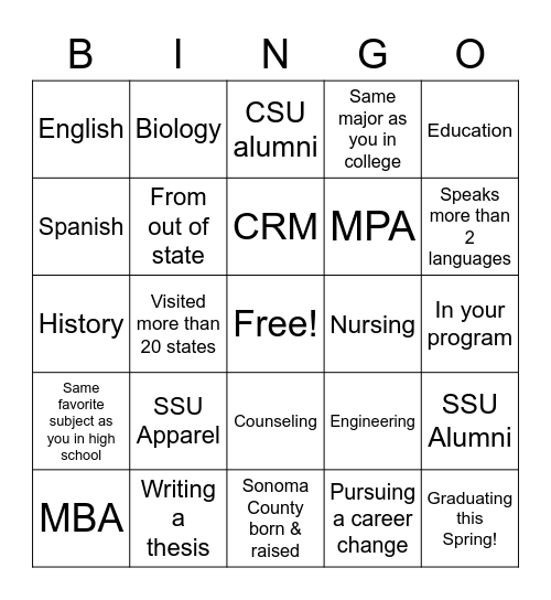 Graduate Studies Mixer Bingo Card