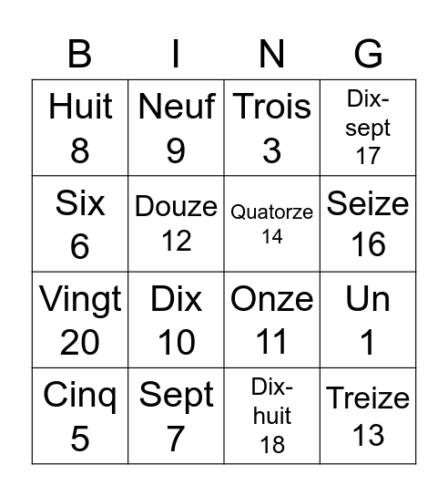 Les Nombres Bingo Card