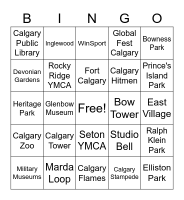 Calgary Attractions Bingo Card