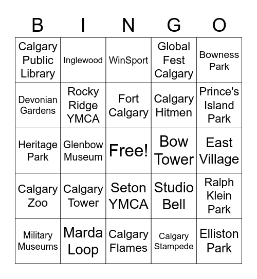 Calgary Attractions Bingo Card