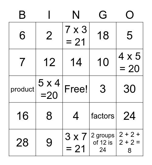 Multiplication Bingo Card