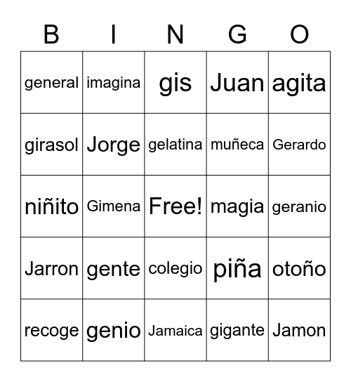 Palabras Con Ge Y Gi Bingo Card