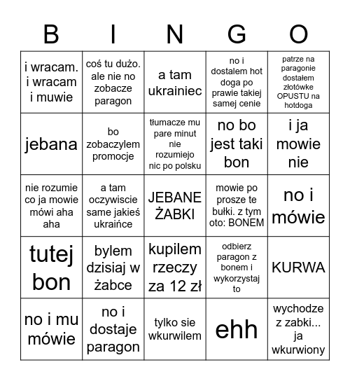 wizyta w żabce bingo Card