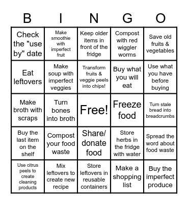 Food Waste Reduction Bingo Card