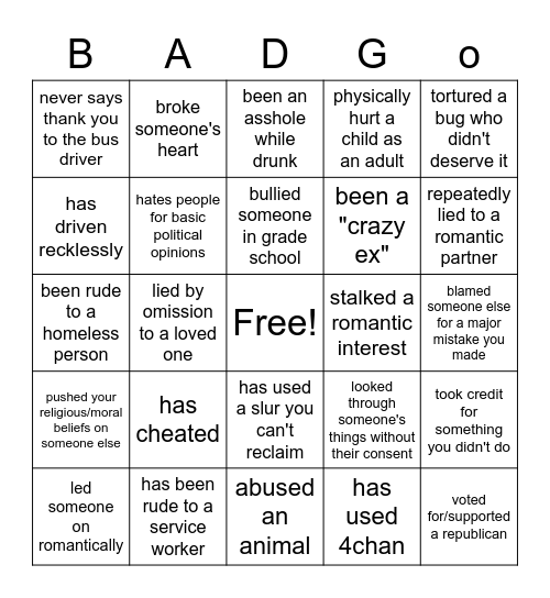 bad person bingo Card