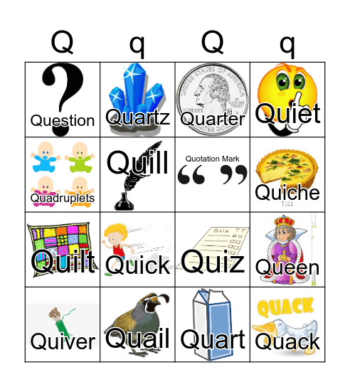 Letter Q Bingo Card