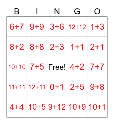 Addition Numbers 1-10 Bingo Card