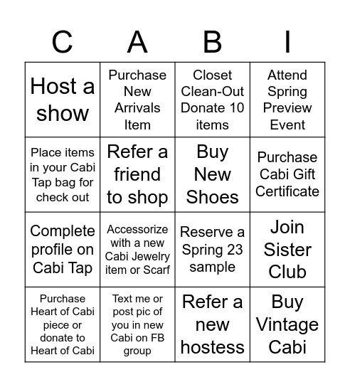 Cabi Bingo Card