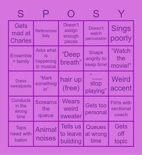 Musical Rehearsal Bingo Card