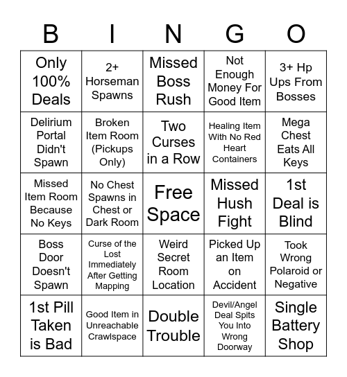 Unlucky Isaac Run Bingo Card