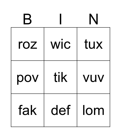 Nonsense Words BINGO (11-15)  Bingo Card