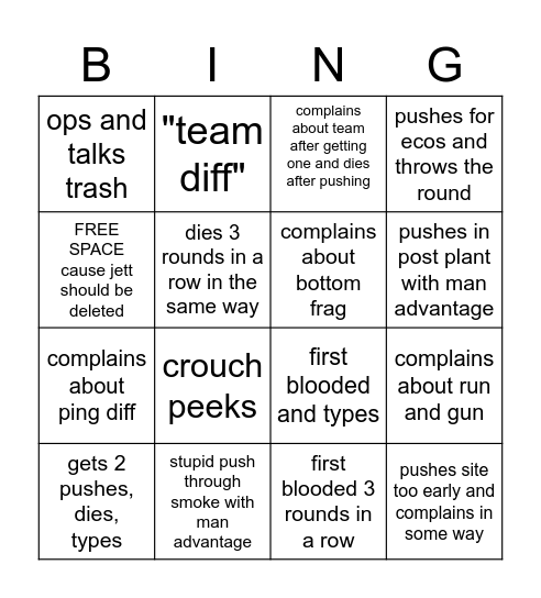 Jett Players Bingo Card