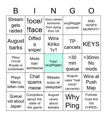 August Stream Bingo Card