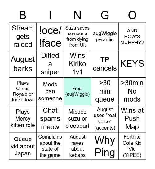 August Stream Bingo Card