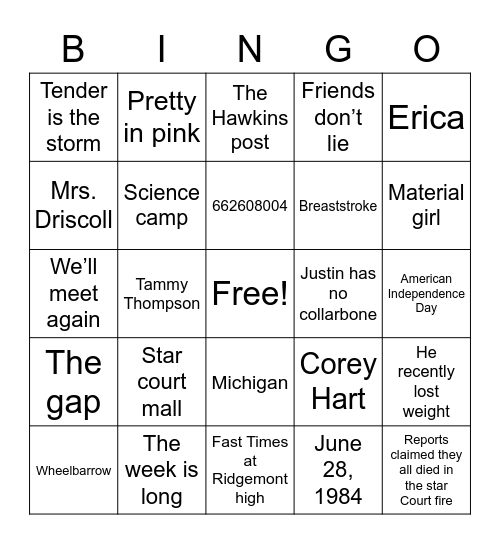 STRANGER THINGS 3 Bingo Card