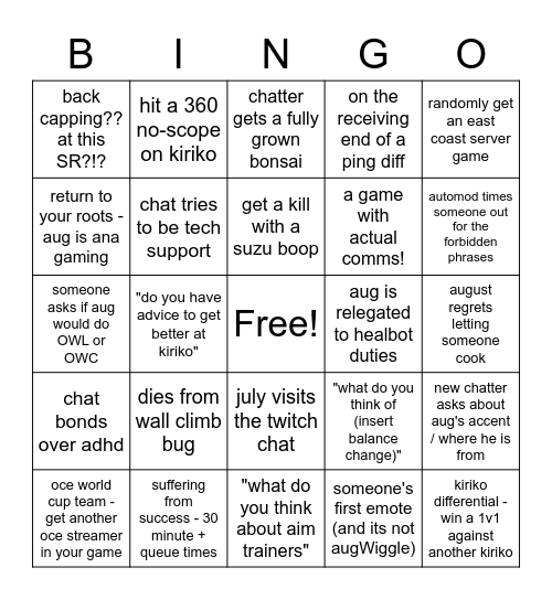 August Stream Bingo Card