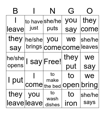 Yo-Go Verbs Bingo Card