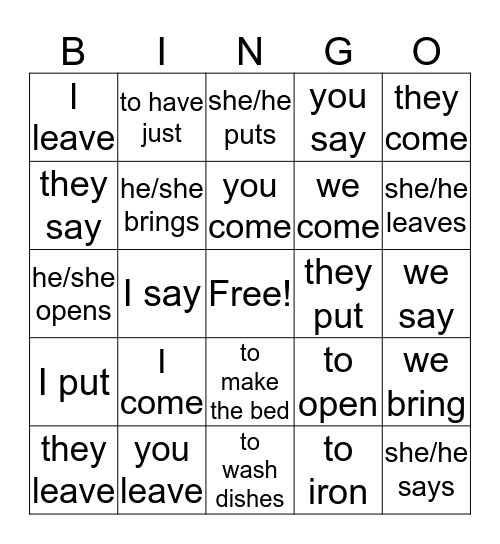Yo-Go Verbs Bingo Card