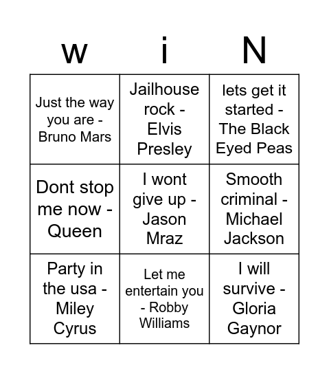 Crazy music bingo Card