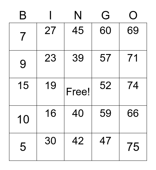 Bingo ni Ice Bingo Card