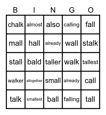Al/All phonics sounds Bingo Card