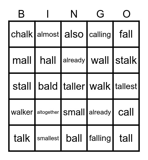 Al/All phonics sounds Bingo Card